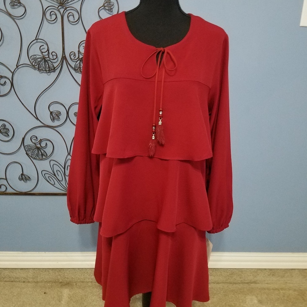 ANDREA Red Dress with leather/feather tie